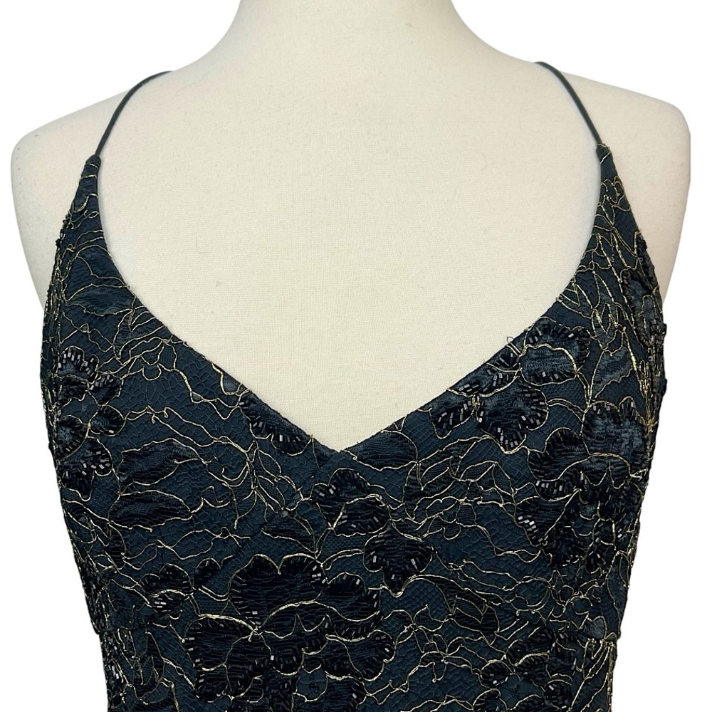 Carmen Marc Valvo Vintage 90s Black Gold Lace Beaded Mini Dress Sheath 10 Med - Picture 5 of 16